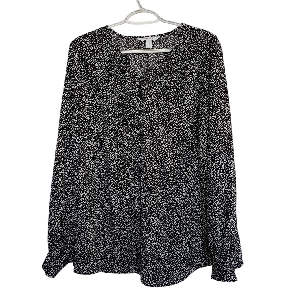 Nine West Womens XXL Black White Animal Print Split V-Neck Long Sleeve Blouse